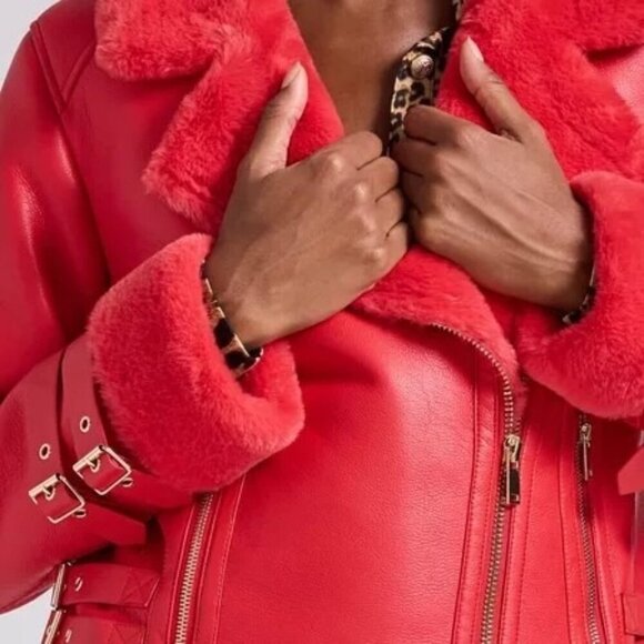 NWT Generation Love Dion Faux Fur Shearling Moto Jacket Red Size XXS - Picture 2 of 6